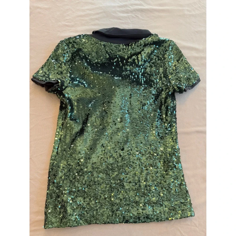 Tory Burch Womens‎ Green Sequin Silk Tie Neck Short Sleeve Top XS Emerald Black